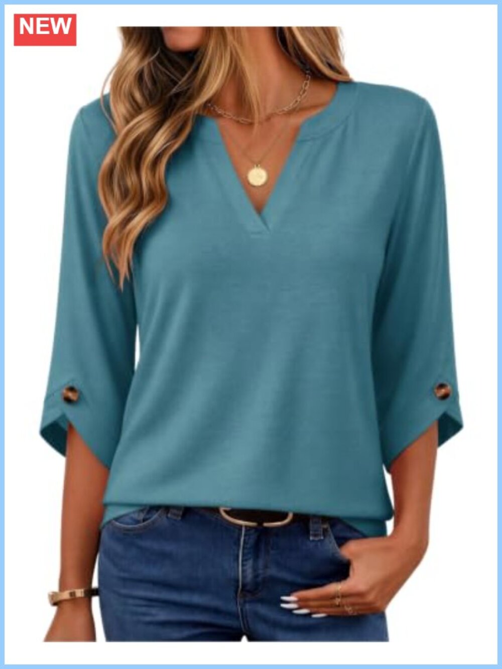 Womens 3/4 Sleeve V Neck Blouse Casual Dressy Top Tee